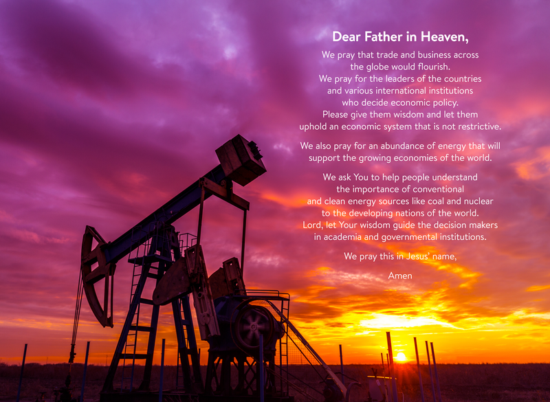 “Prayer for a Free Market Economy and Energy Abundance,” Cornwall Alliance. Illustration by Jim Cooke; photo by Shutterstock